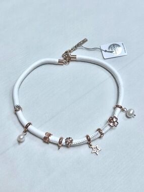 Swarovski White Leather Rose Gold Charm Necklace